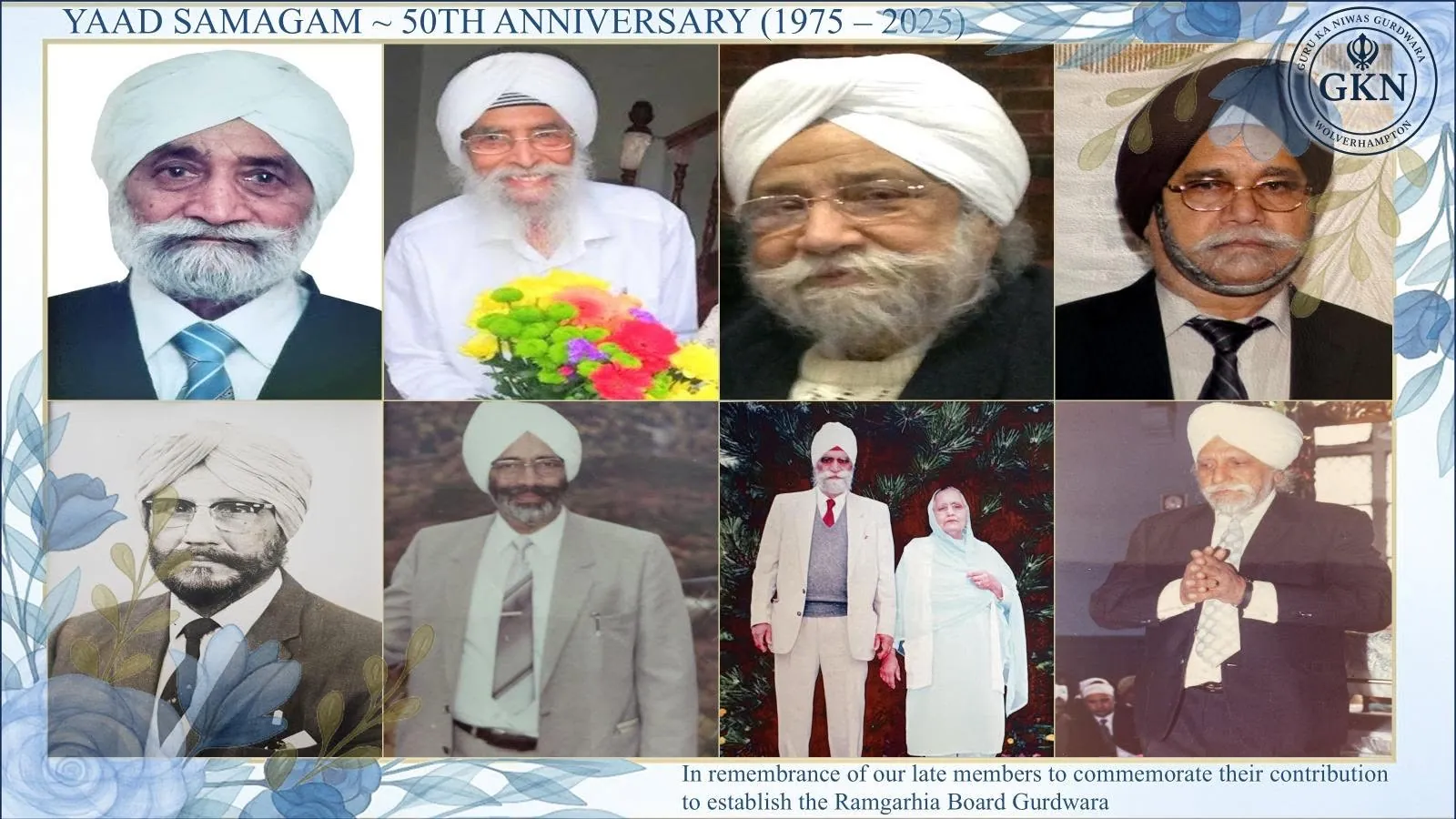 Tribute collage remembering late members who helped establish the Ramgarhia Board Gurdwara