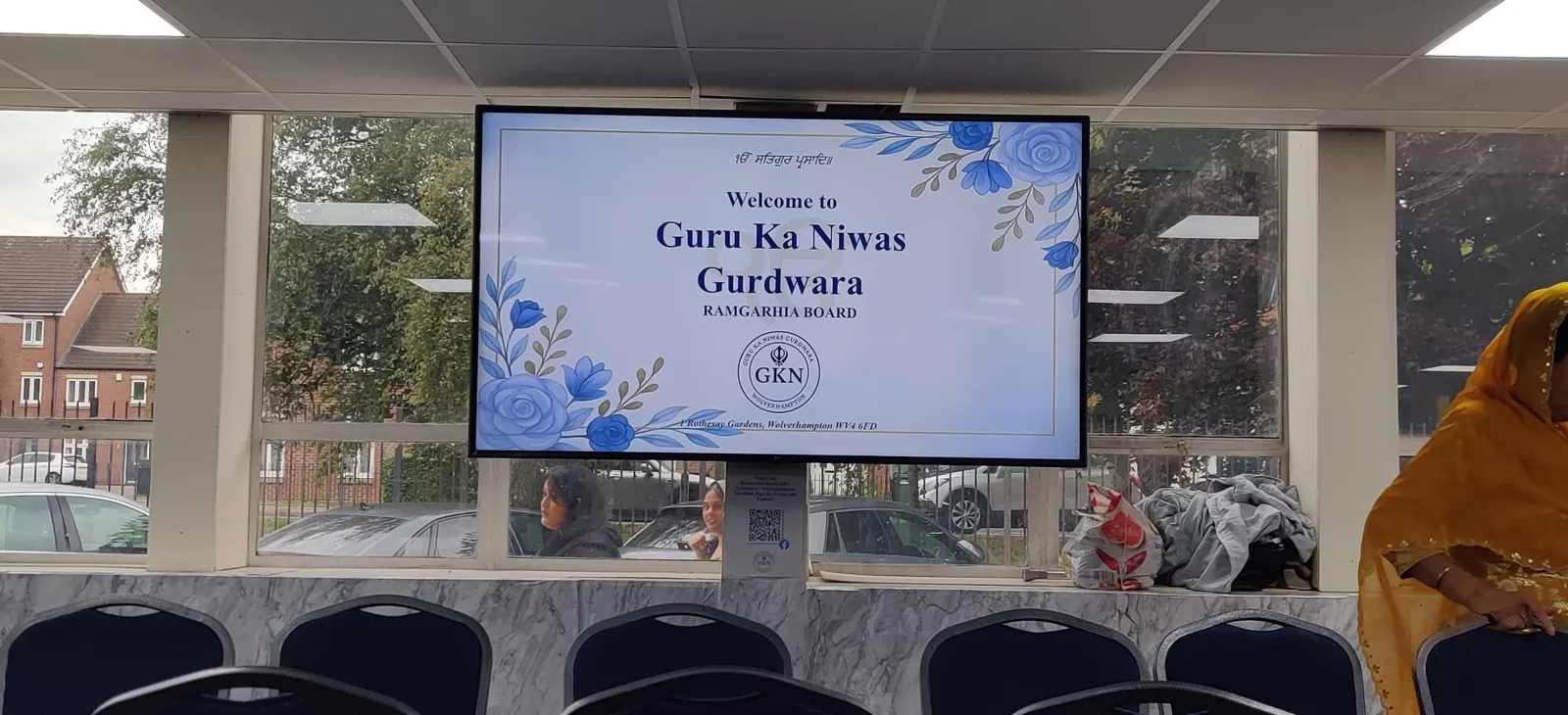 A welcome screen at the Gurdwara reading Welcome to Guru Ka Niwas Gurdwara, Ramgarhia Board