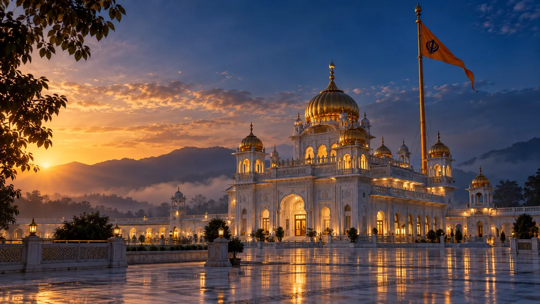 Artist-generated atmospheric illustration of a Gurdwara, not a photograph of the Wolverhampton building